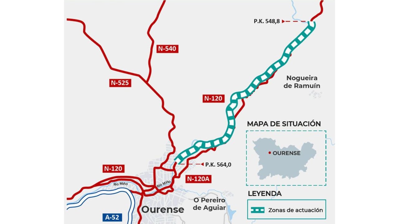 El Ministerio de Transportes aprueba la construcción del tercer carril en la N120 entre Ourense y Os Peares.